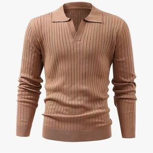 Solid Chic Knit Shirt, Men's Casual Lapel Slightly Stretch V-Neck Pullover